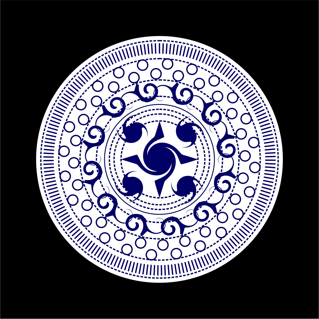 Blue and white plate on a black background.