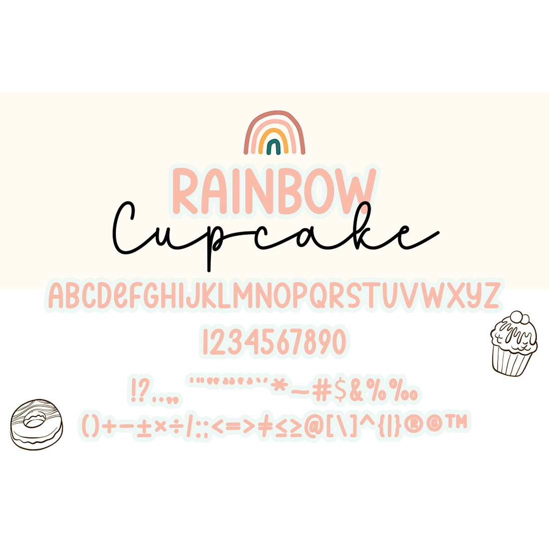 Rainbow cupcake font and a cupcake with a rainbow in the background.