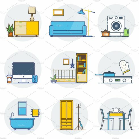 Set of line interior design icons line sign and symbols in flat design cover image.