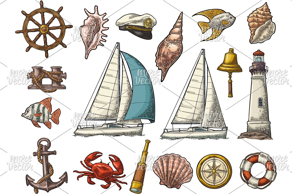 Set sailing ship, yacht. Engraving cover image.