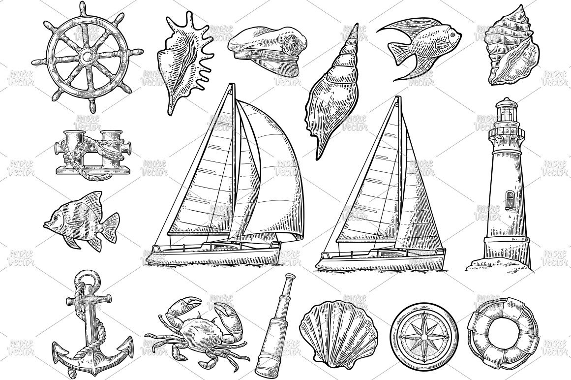 Set sailing ship, yacht. Engraving preview image.