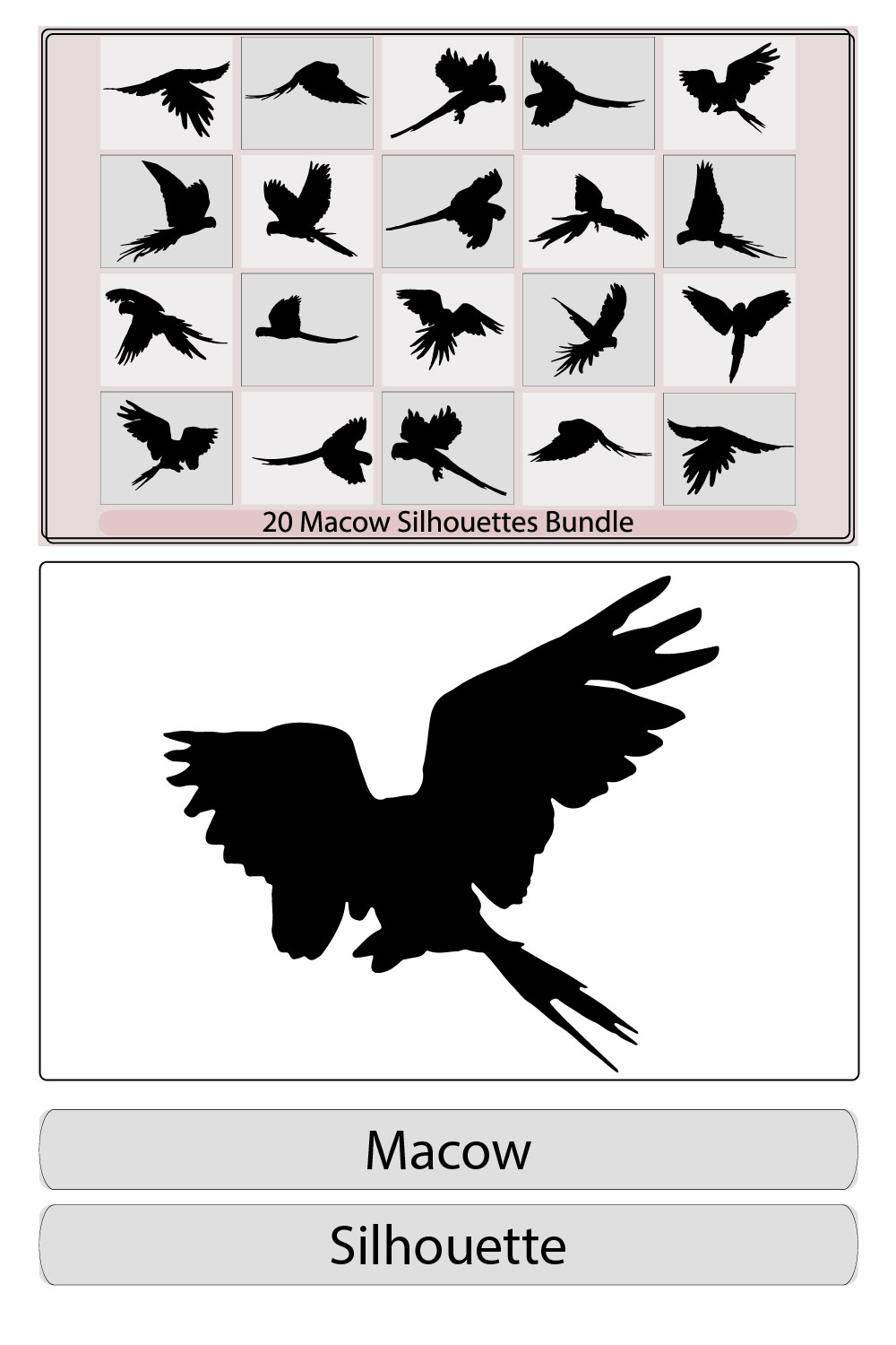 macow vector silhouette,Tropical wild bird black silhouettes icons set isolated vector illustration, pinterest preview image.