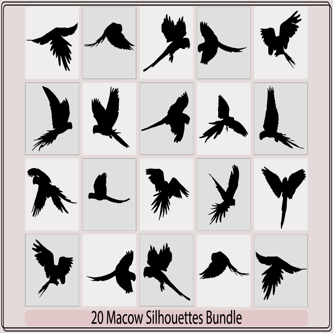 macow vector silhouette,Tropical wild bird black silhouettes icons set isolated vector illustration, preview image.