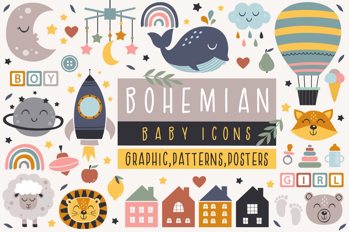 Bohemian baby icons collection cover image.