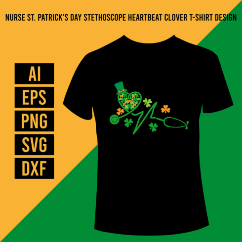 Nurse St Patrick's Day Stethoscope Heartbeat Clover T-Shirt Design cover image.