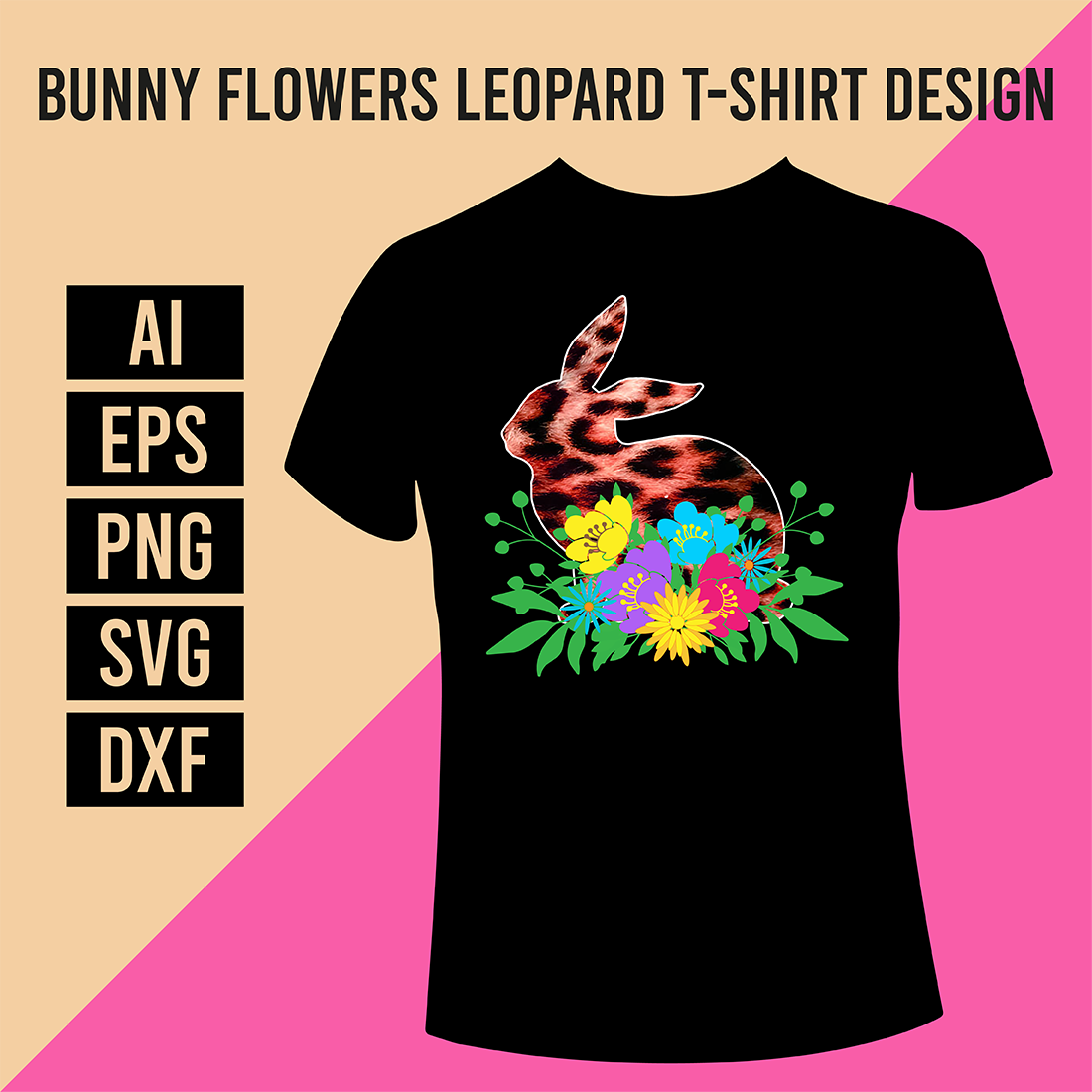 Black t - shirt with a colorful bunny on it.
