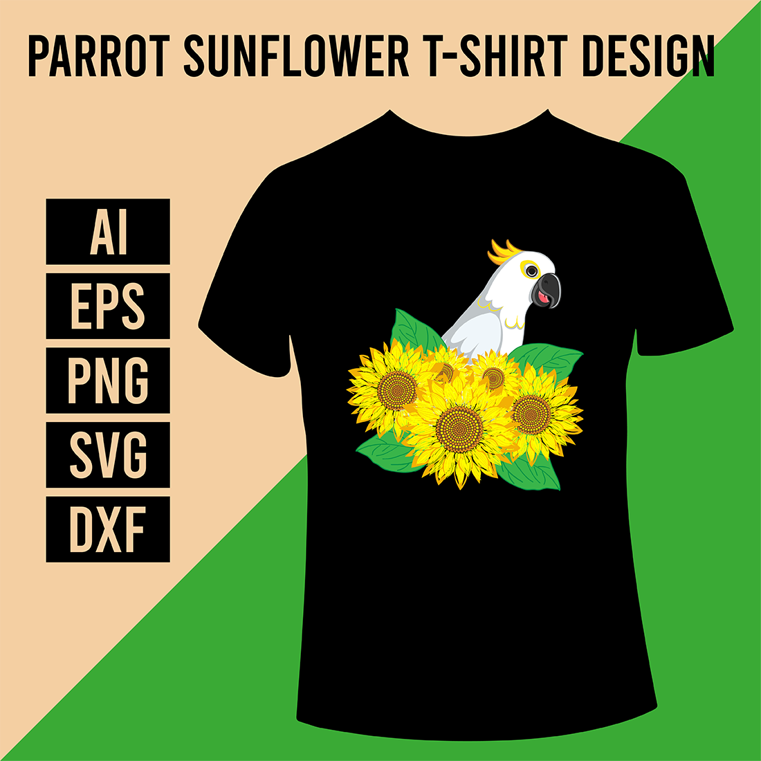 Black shirt with a white parrot and sunflowers on it.