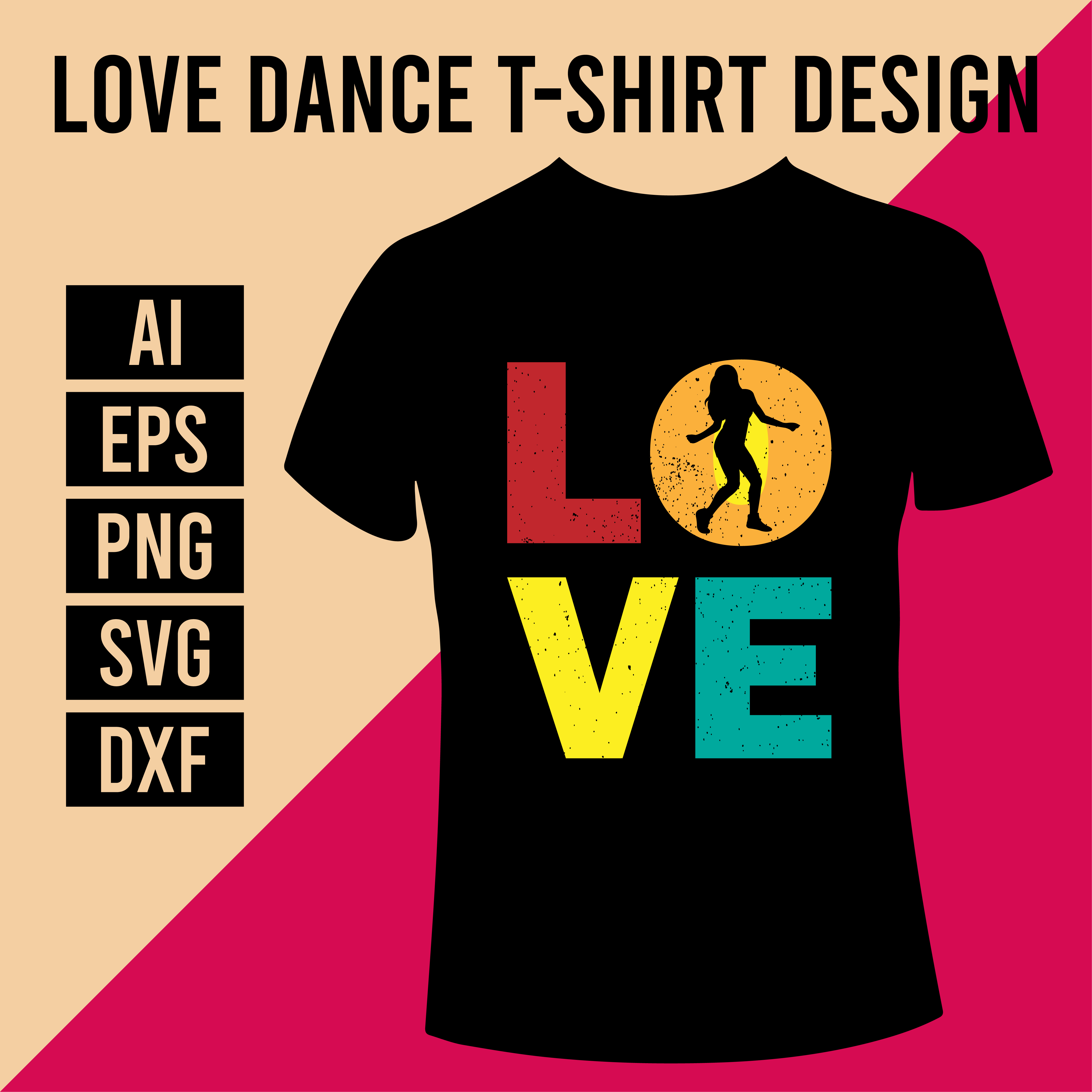 T - shirt design with the words love and a silhouette of a man running.