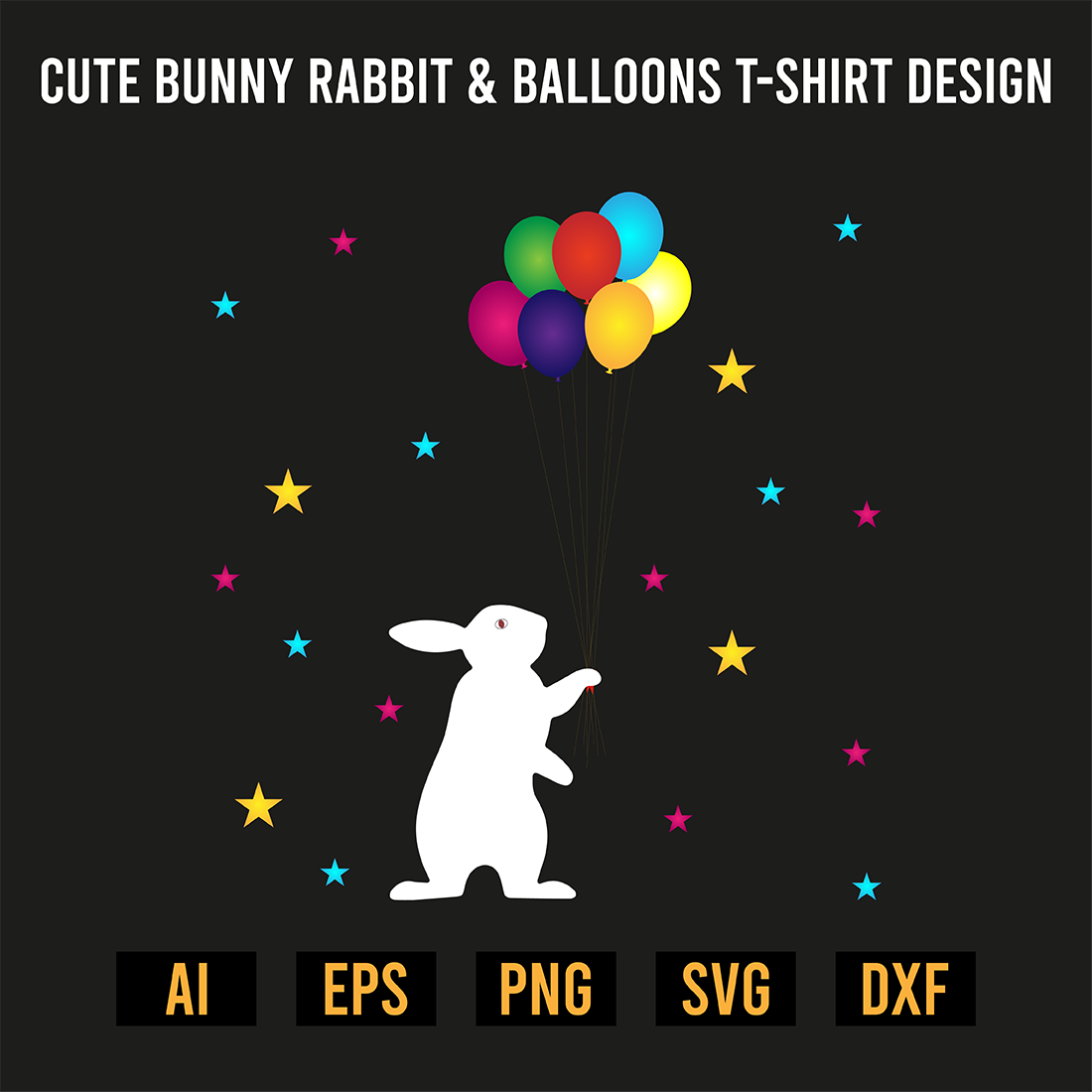 Cute Bunny Rabbit & Balloons T-Shirt Design preview image.