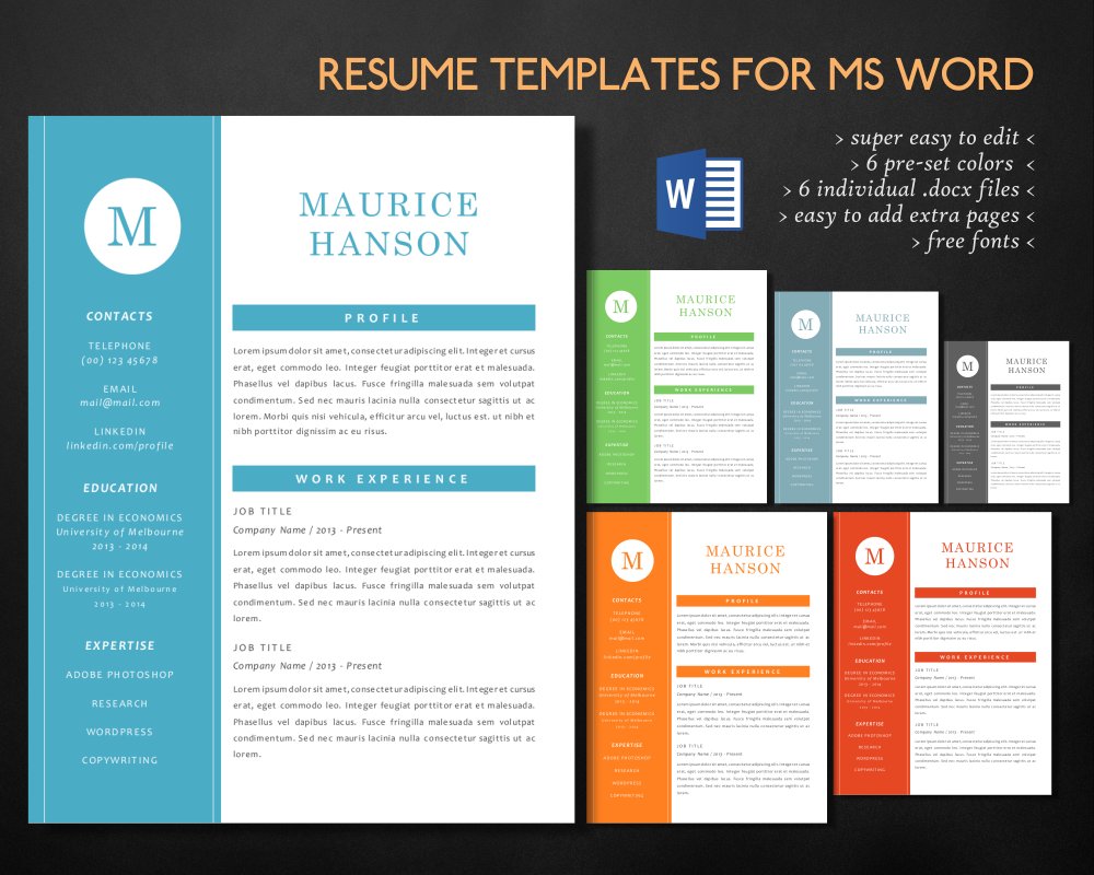 Simple elegant 3 in 1 Word resume cover image.