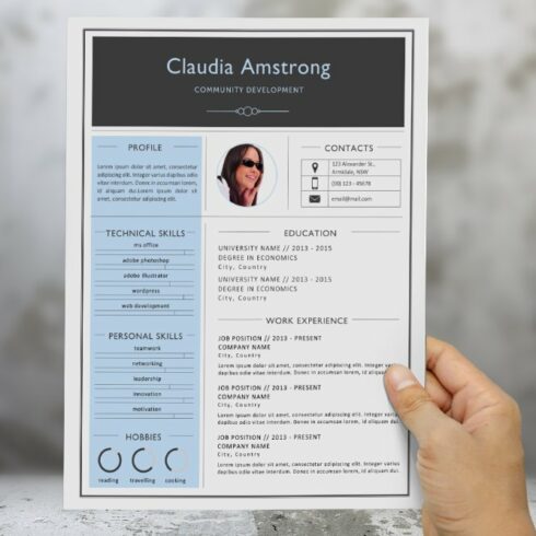 Blue photograph resume template cover image.