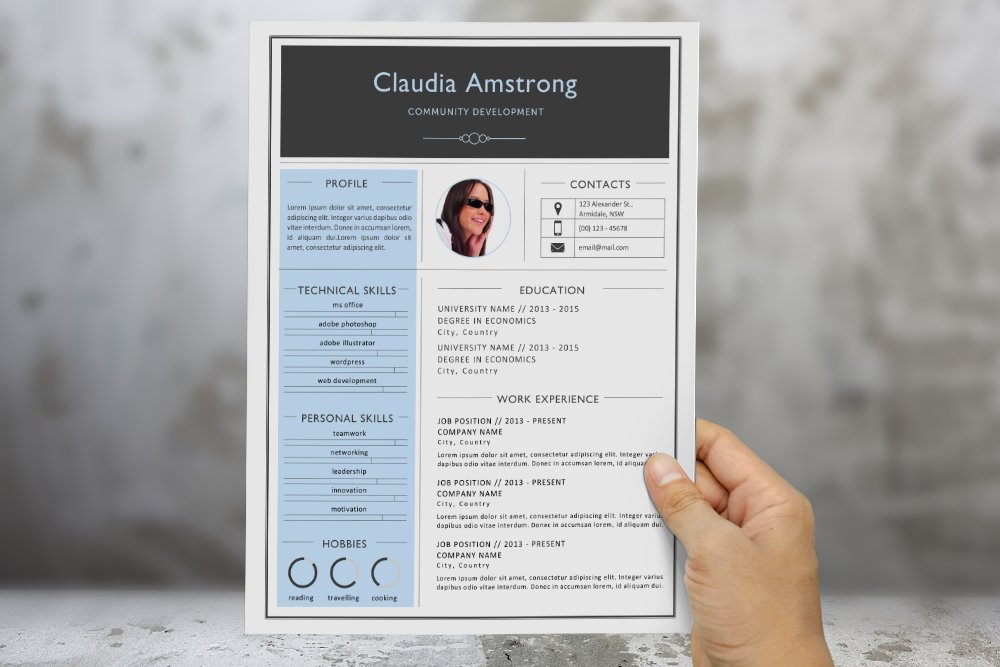 Blue photograph resume template cover image.