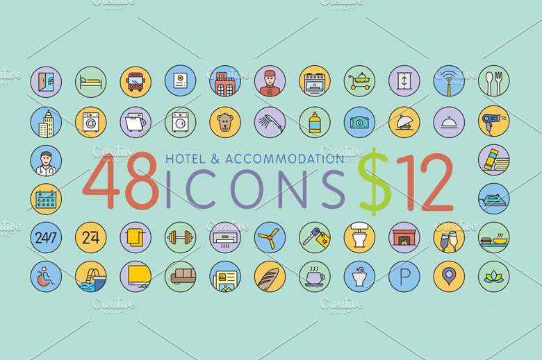 48 Hotel & Accommodation Icons cover image.