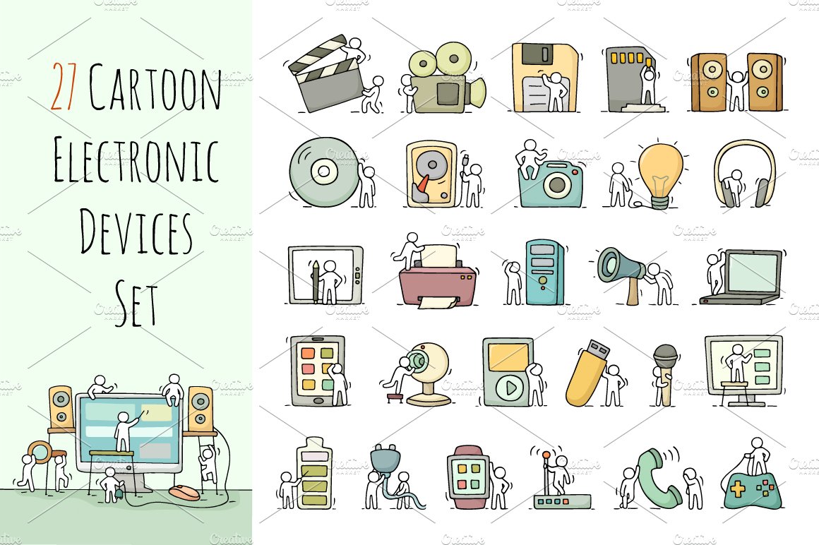Cartoon electronic devices icons set cover image.
