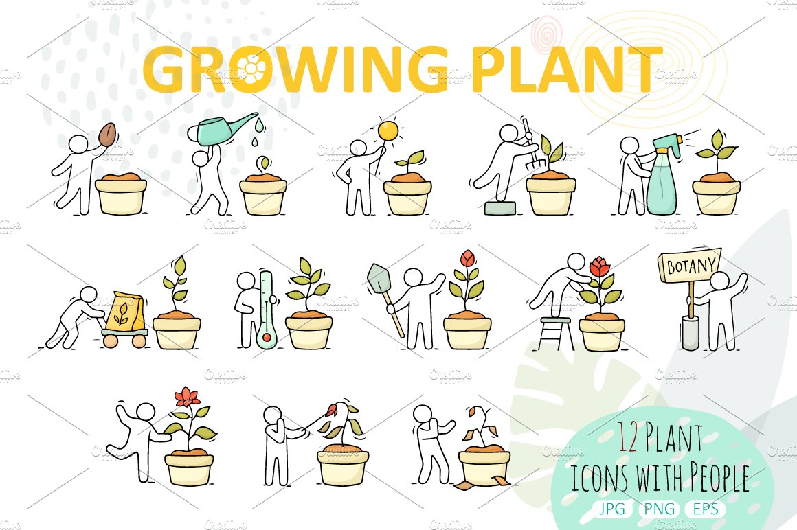 Cartoon icons - People grow a plant cover image.