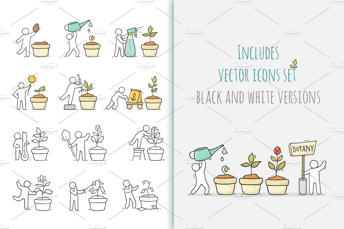 Cartoon icons - People grow a plant preview image.