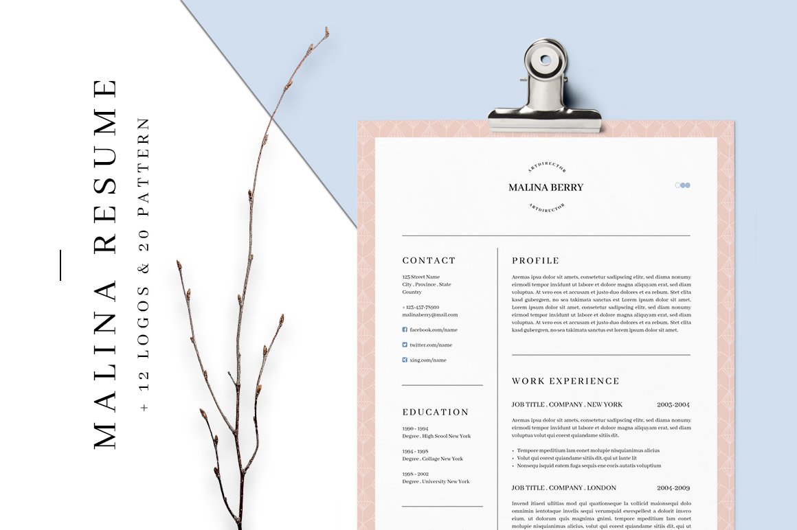 MALINA Resume – 3 Pages + Bonus cover image.