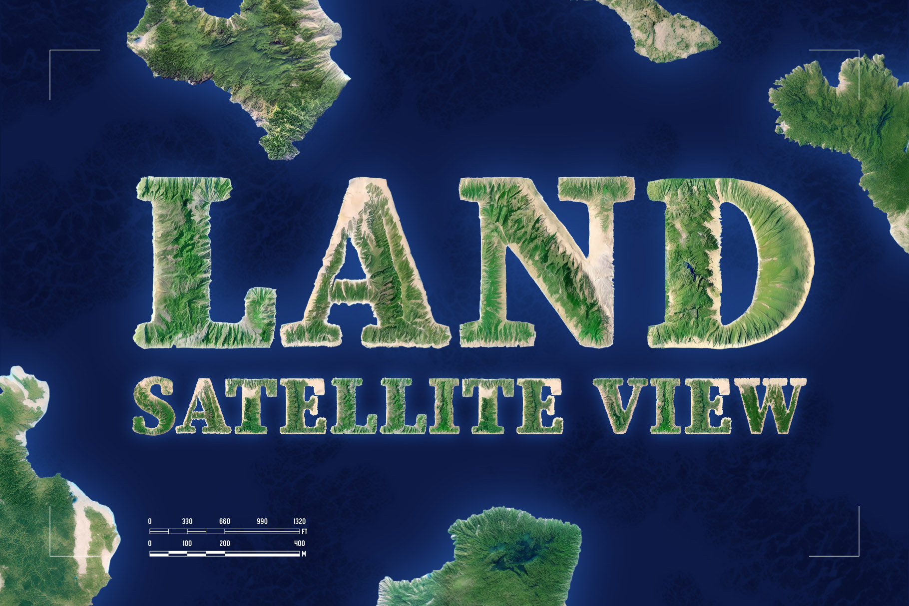 The words land satellite view surrounded by green trees.
