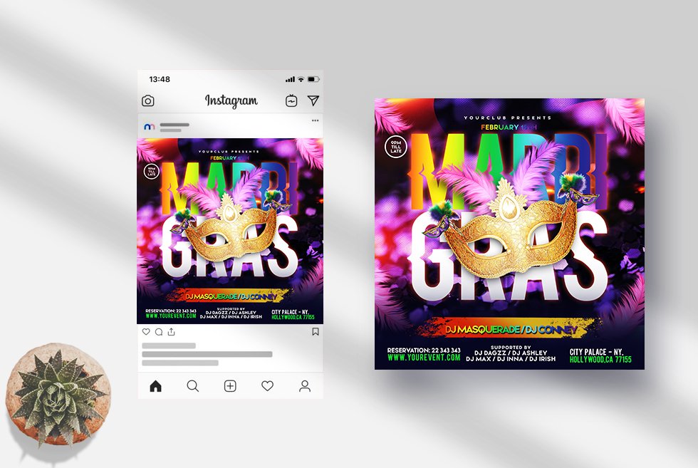 Mardi Gras Instagram PSD Template preview image.