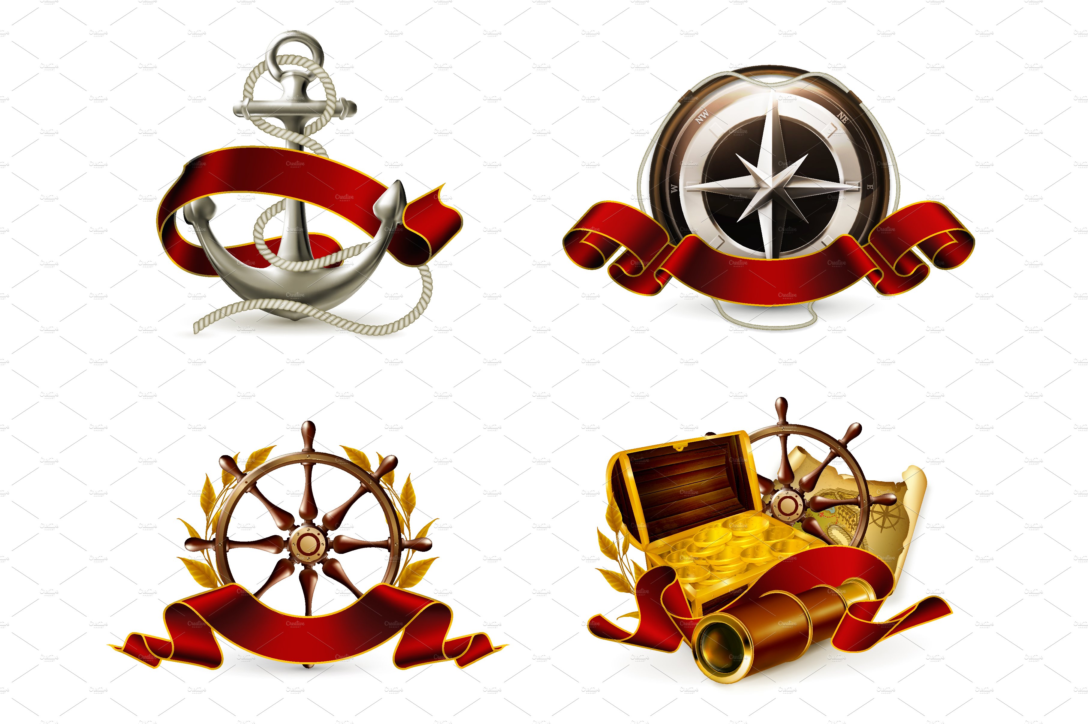 Marine emblems, vector icons cover image.