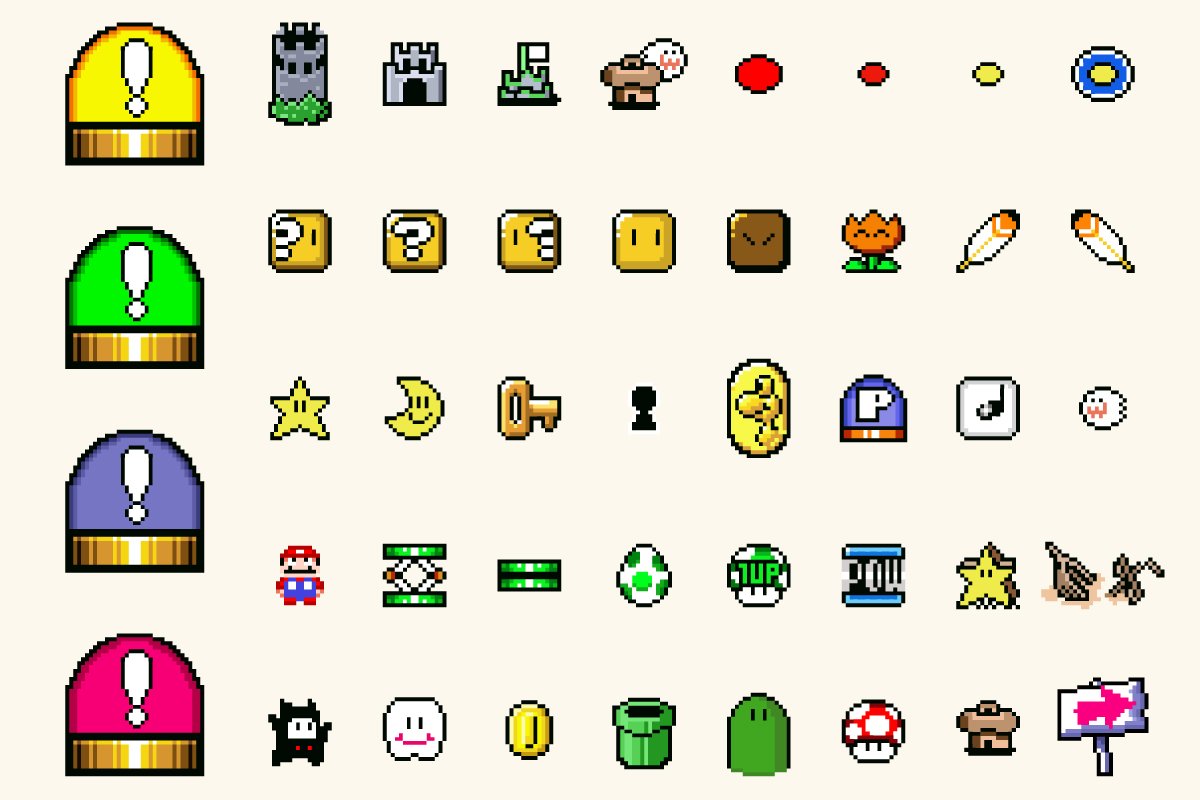 40+ game elements from Super Mario 1 cover image.