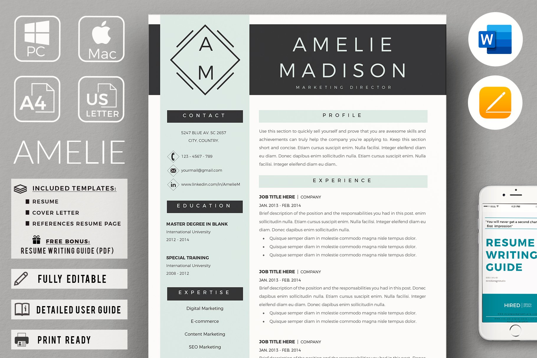 Marketing Resume CV for Word & Pages cover image.