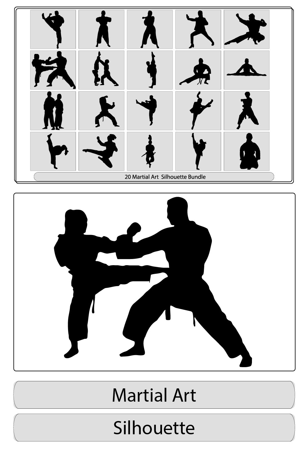 fighter set,Karate woman fighter in kimono, vector silhouette illustration,Martial poses Vactor , Karate art illustrator set pinterest preview image.