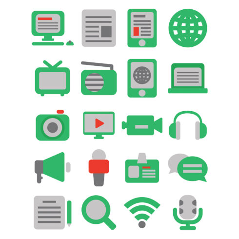 Set of green and gray icons on a white background.