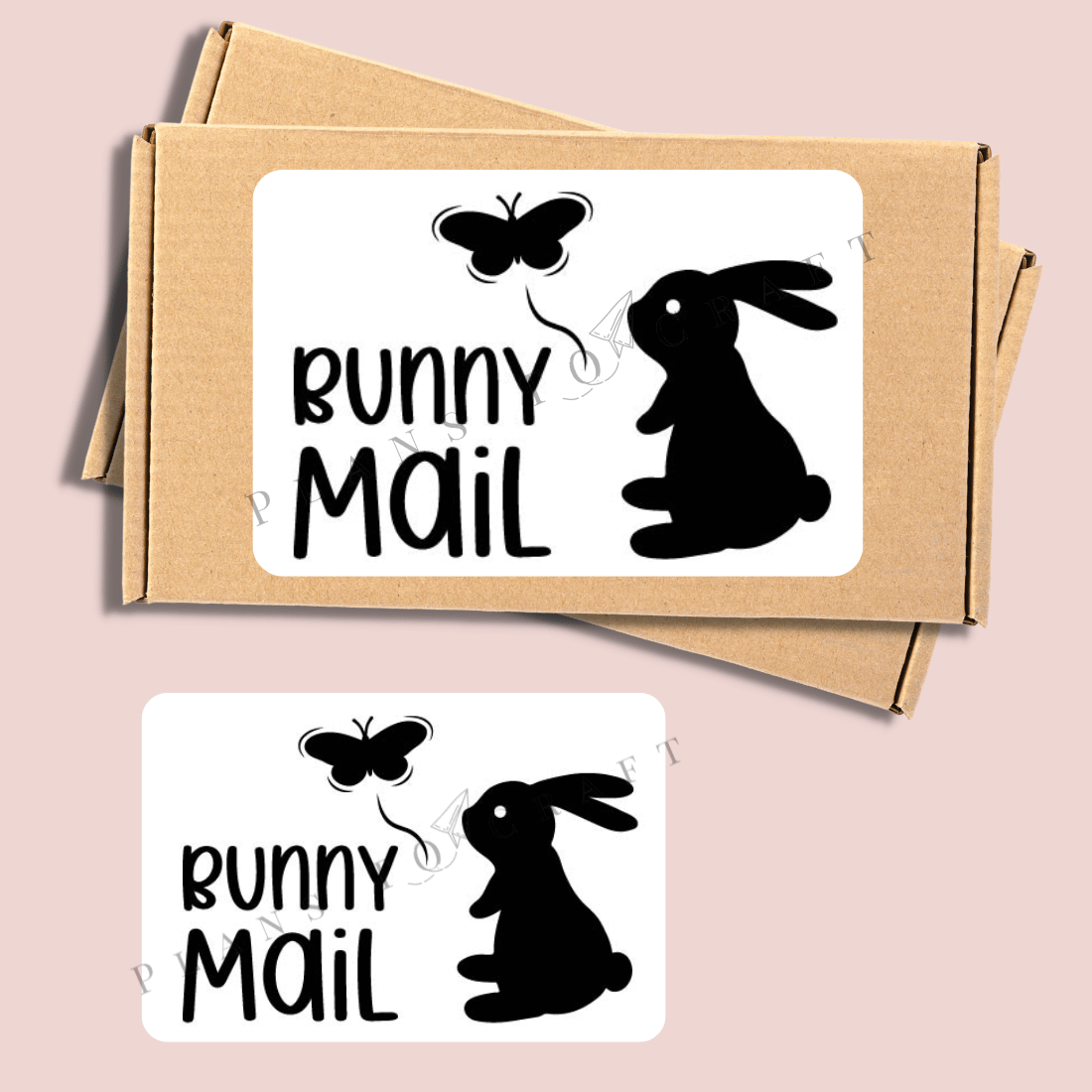 Pair of bunny mail stickers on a pink background.