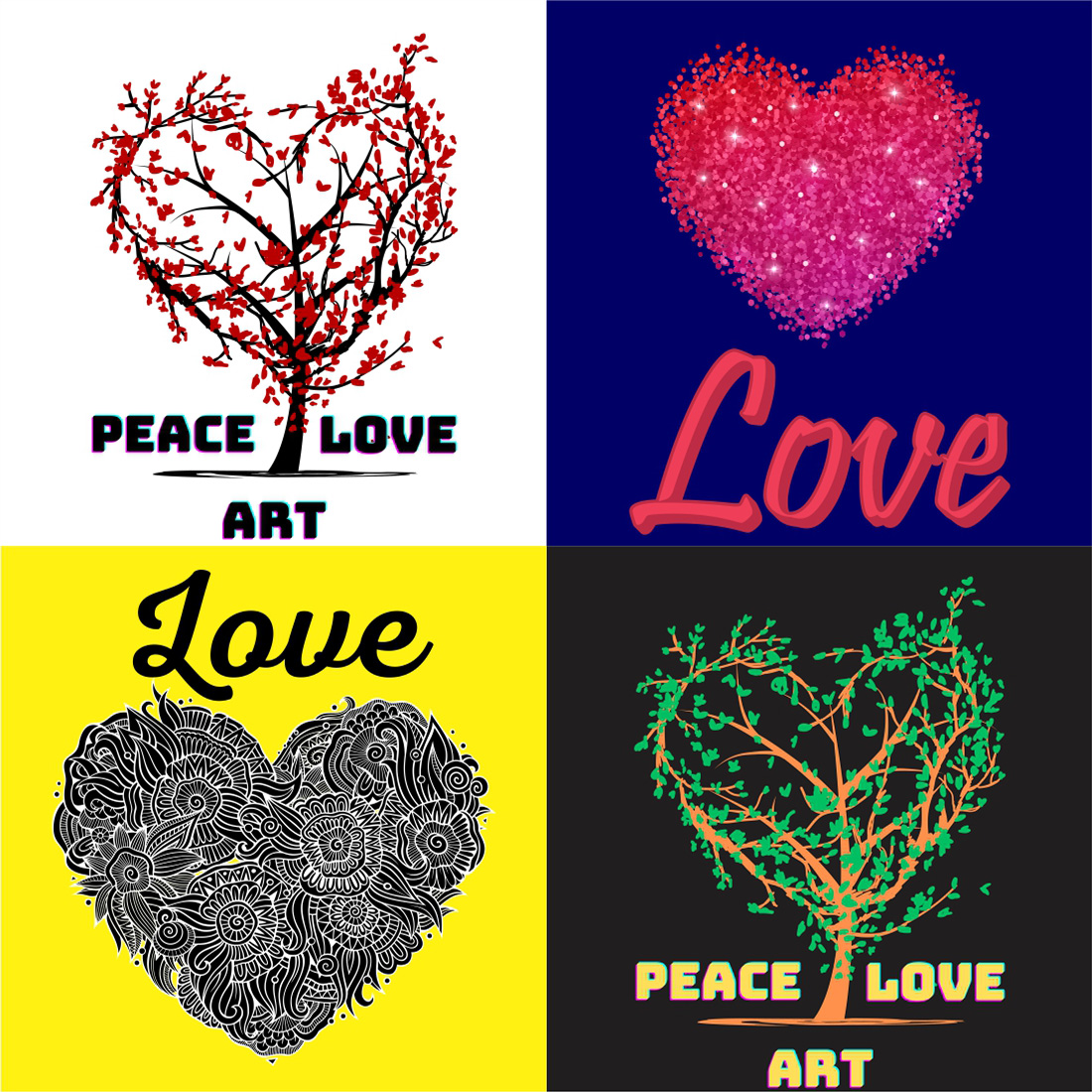 Four different types of art work with a heart.