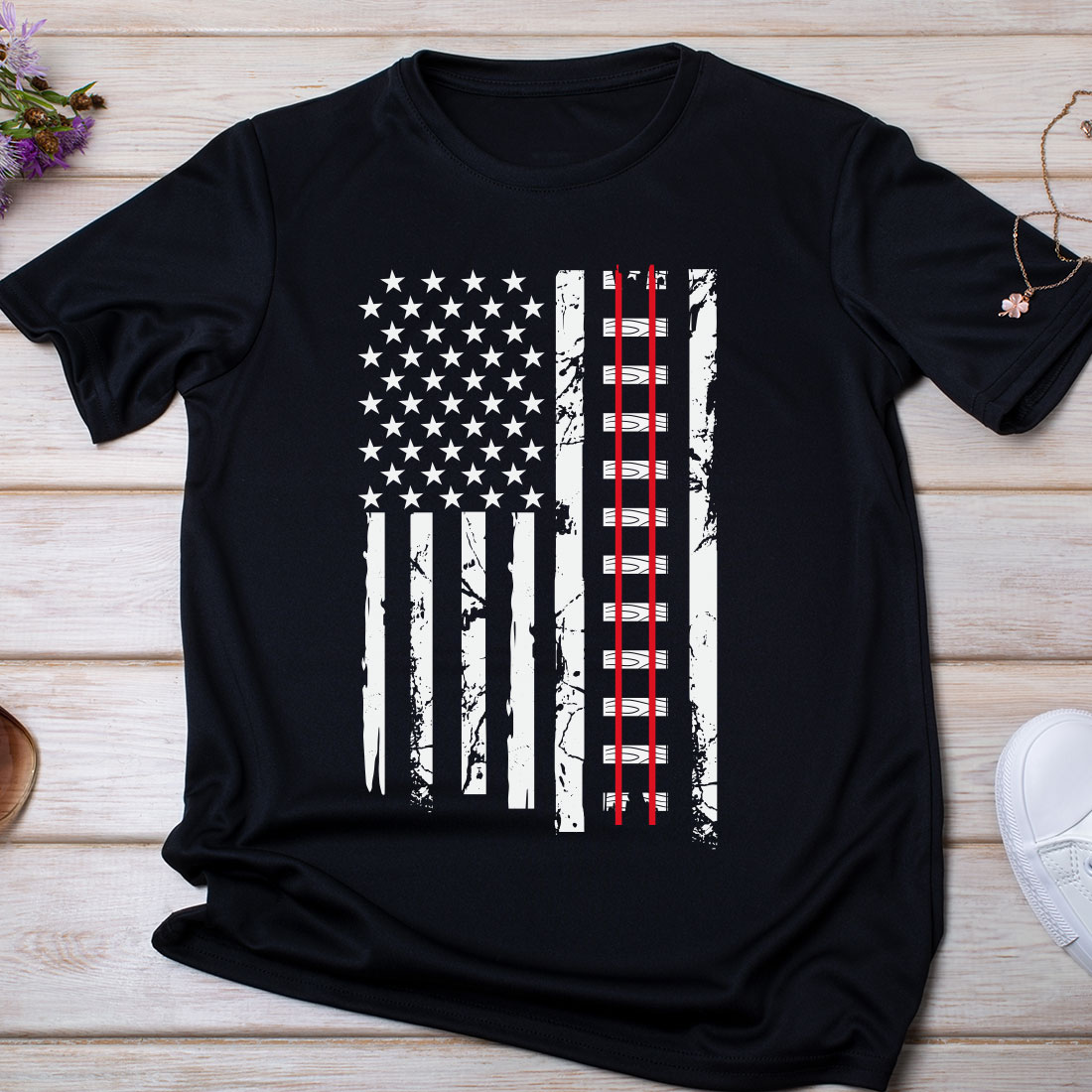 Black shirt with an american flag on it.