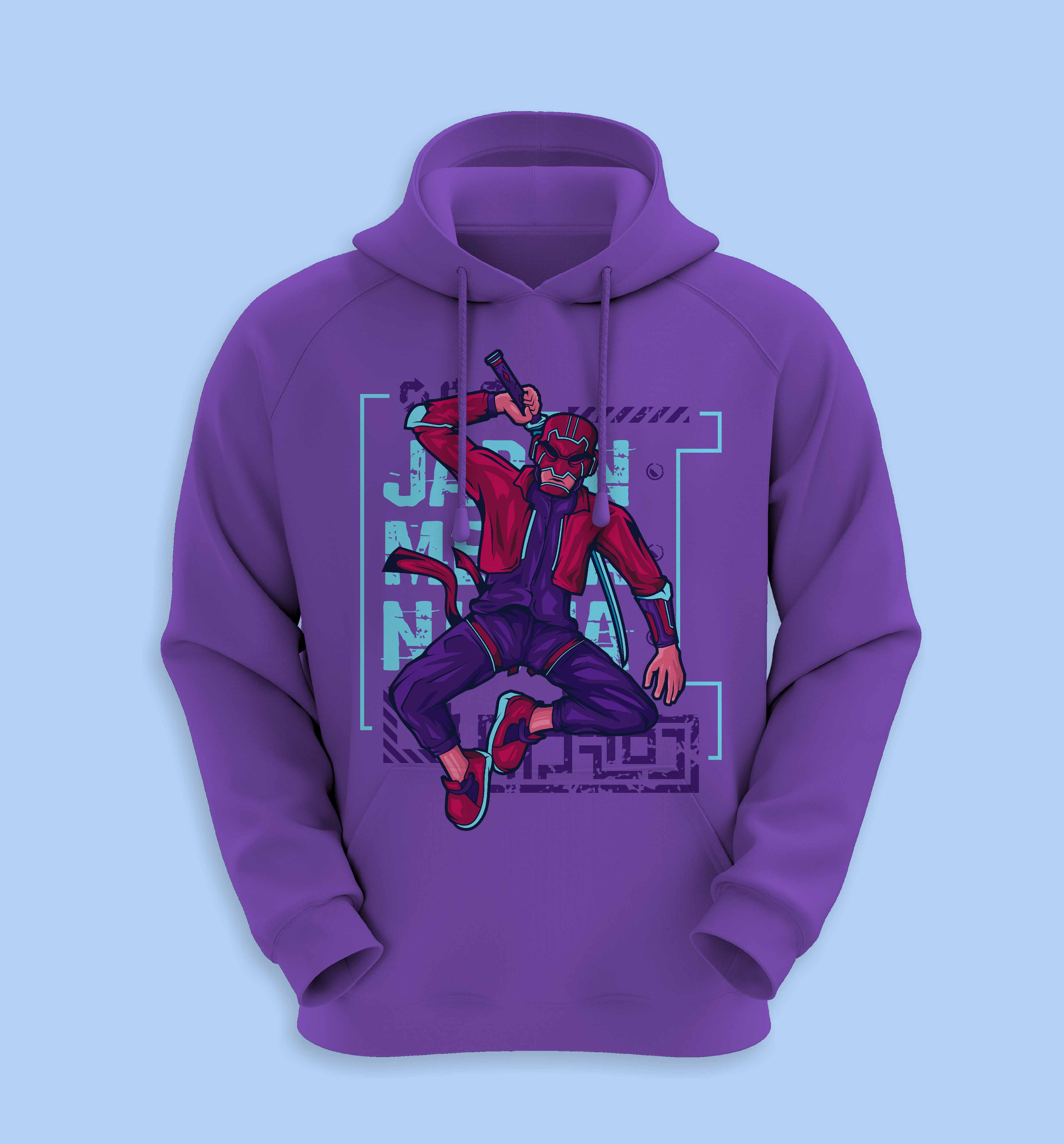 Purple hoodie with a drawing of a man in a red jacket.