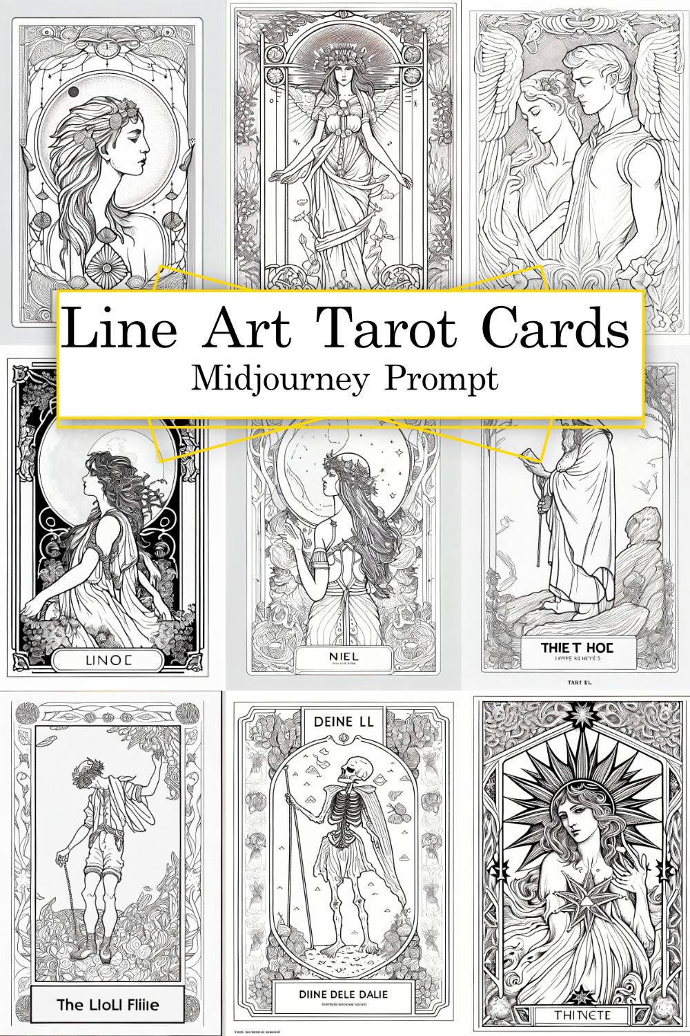 Line Art Tarot Card Designs Midjourney Prompt pinterest preview image.