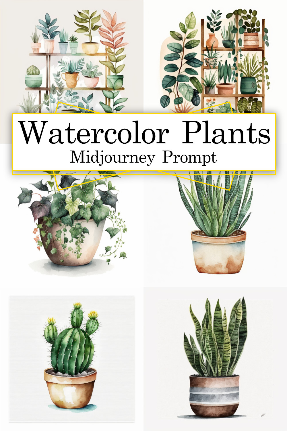 Watercolor Indoor Plants & Succulents Midjourney Prompt pinterest preview image.