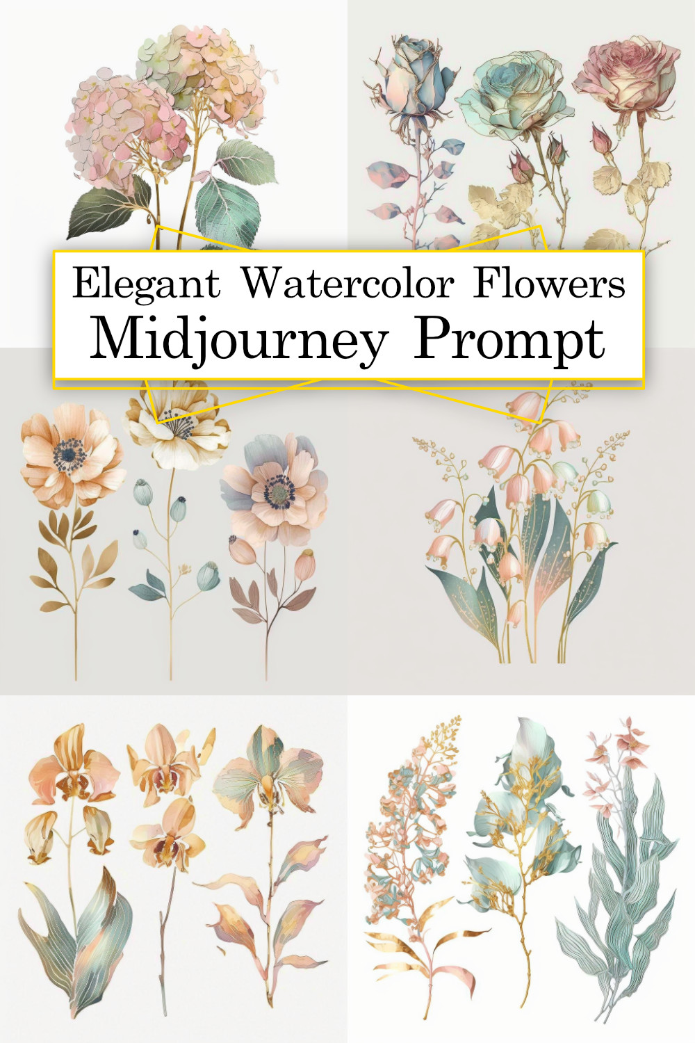 Elegant Watercolor Flowers Midjourney Prompt pinterest preview image.