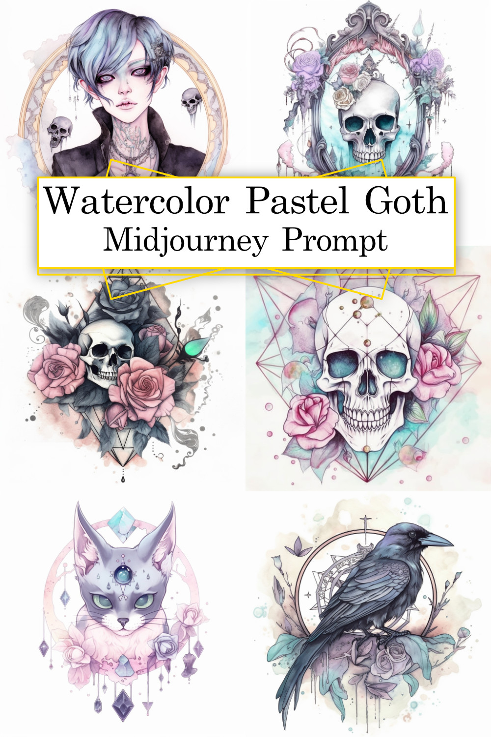Watercolor Pastel Goth Designs Midjourney Prompt pinterest preview image.
