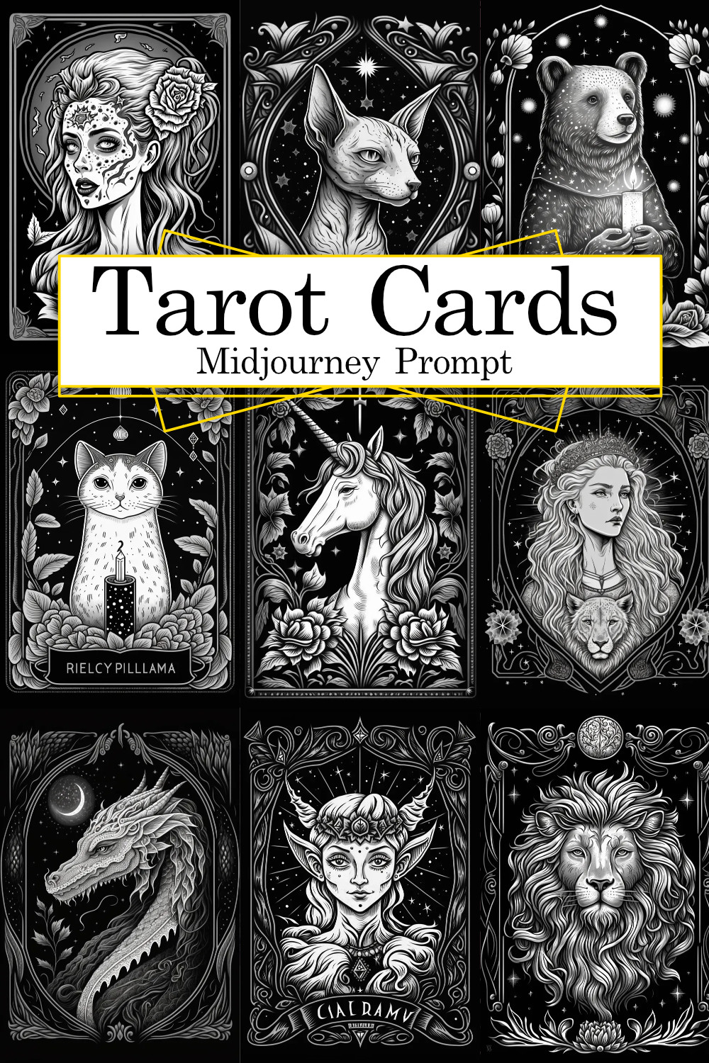 Black White Tarot Card Illustrations Midjourney Prompt pinterest preview image.