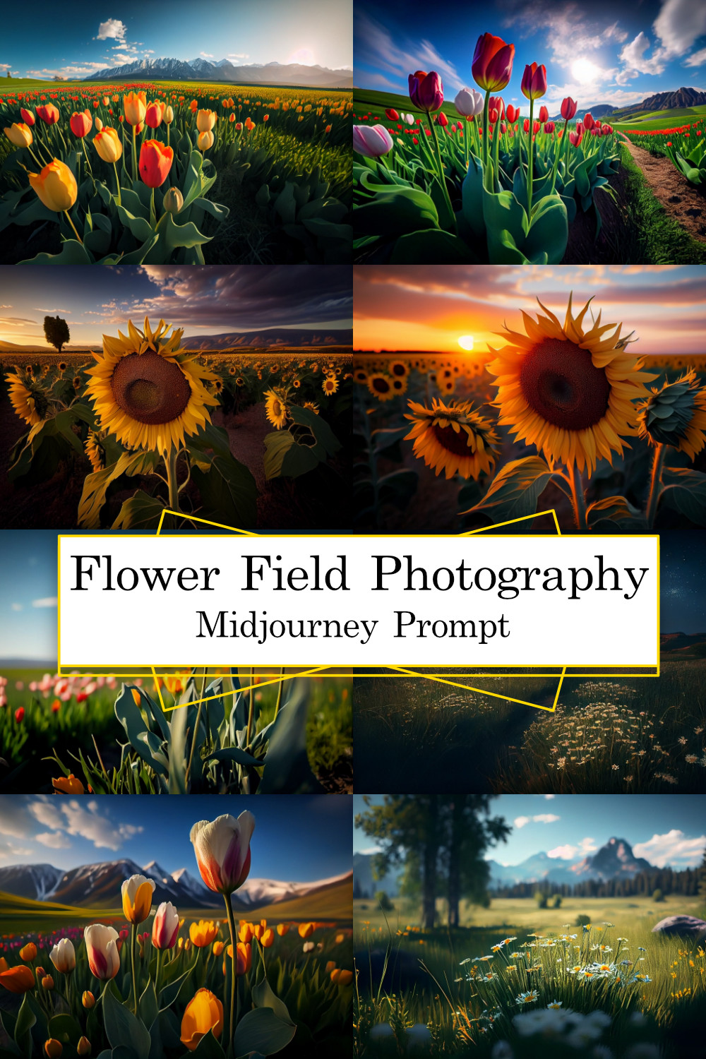 Flower Field Photography Midjourney Prompt pinterest preview image.