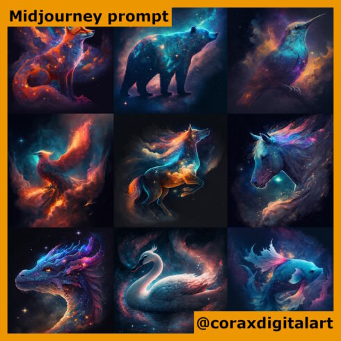 Celestial Creatures And Fantastical Beasts In The Skies prompt for Midjourney cover image.