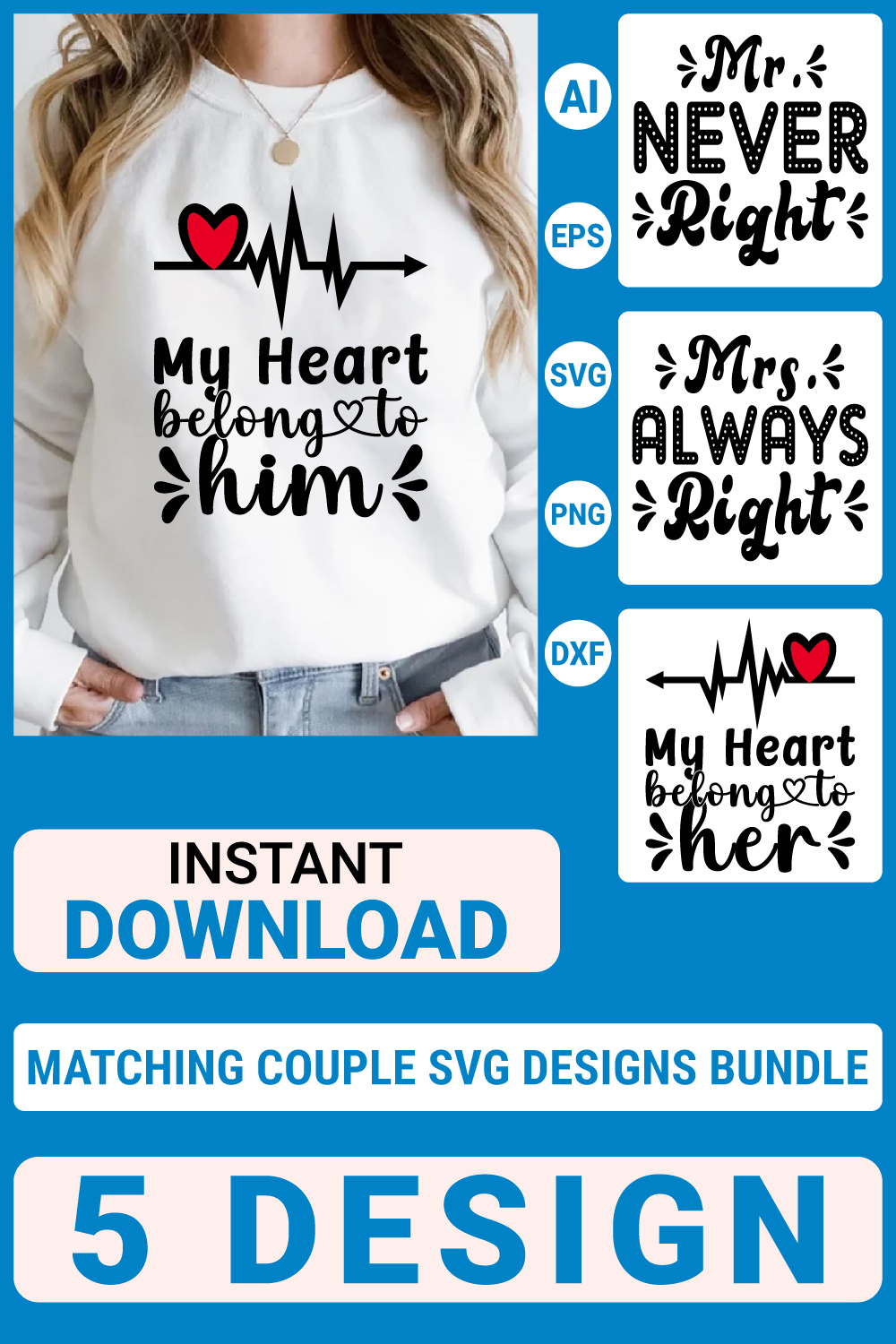 5 Matching Couple Svg T-Shirt Designs Bundle, Couple Quotes typography Graphic T-shirt Collection pinterest preview image.