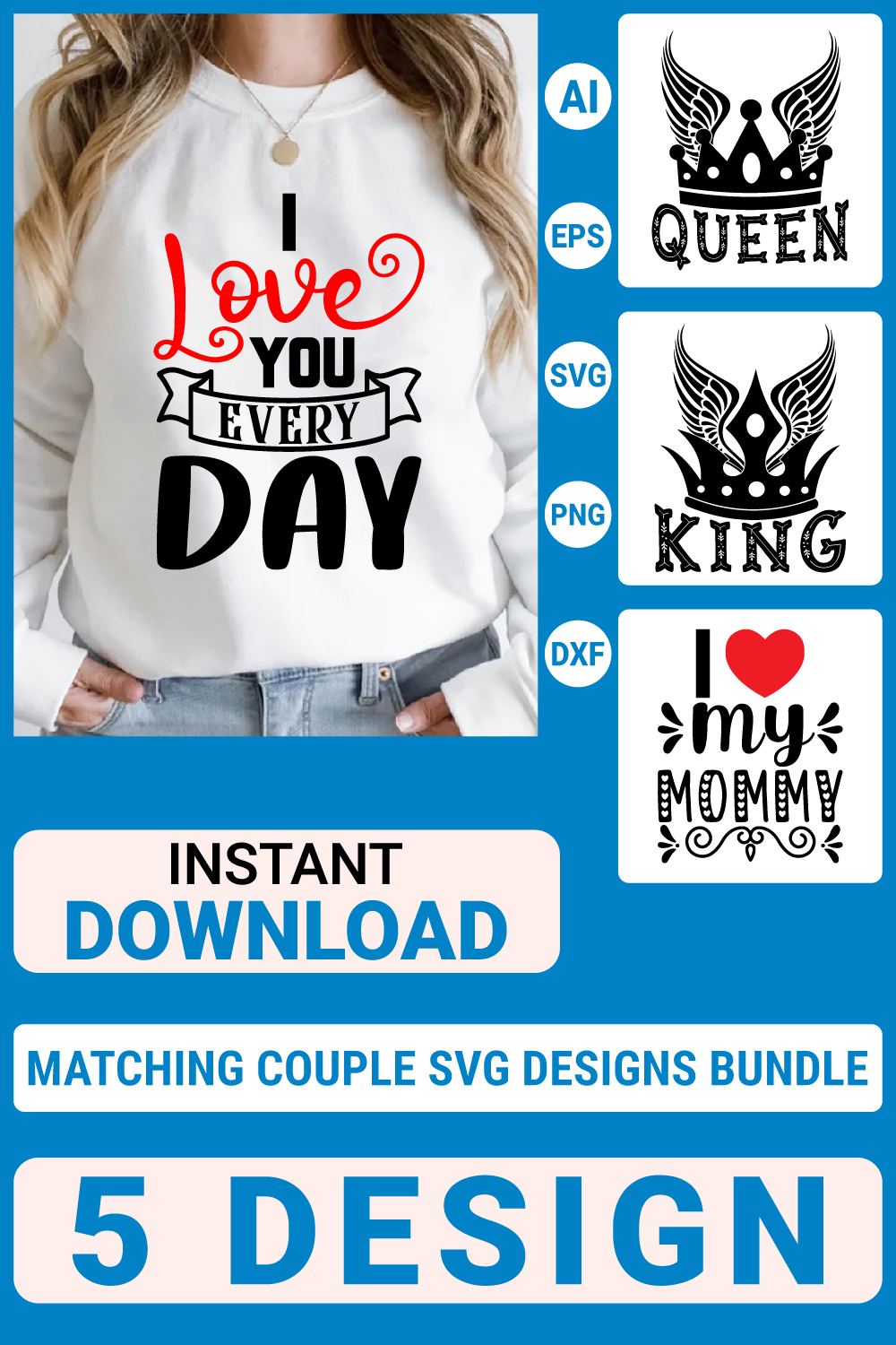 5 Matching Couple Svg T-Shirt Designs Bundle, Couple Quotes typography Graphic T-shirt Collection pinterest preview image.