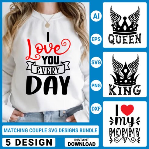 5 Matching Couple Svg T-Shirt Designs Bundle, Couple Quotes typography Graphic T-shirt Collection cover image.