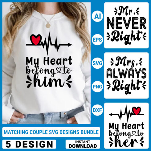 5 Matching Couple Svg T-Shirt Designs Bundle, Couple Quotes typography Graphic T-shirt Collection cover image.