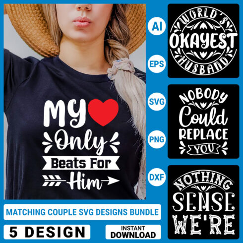 Matching Couple Svg T-Shirt Designs Bundle, Couple Quotes typography Graphic T-shirt Collection cover image.