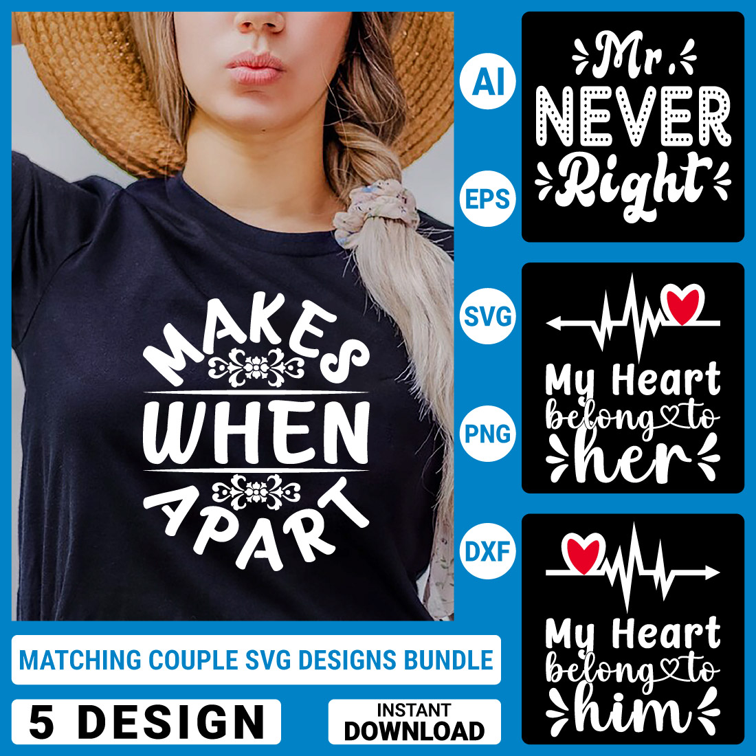 5 Matching Couple Svg T-Shirt Designs Bundle, Couple Quotes typography Graphic T-shirt Collection preview image.