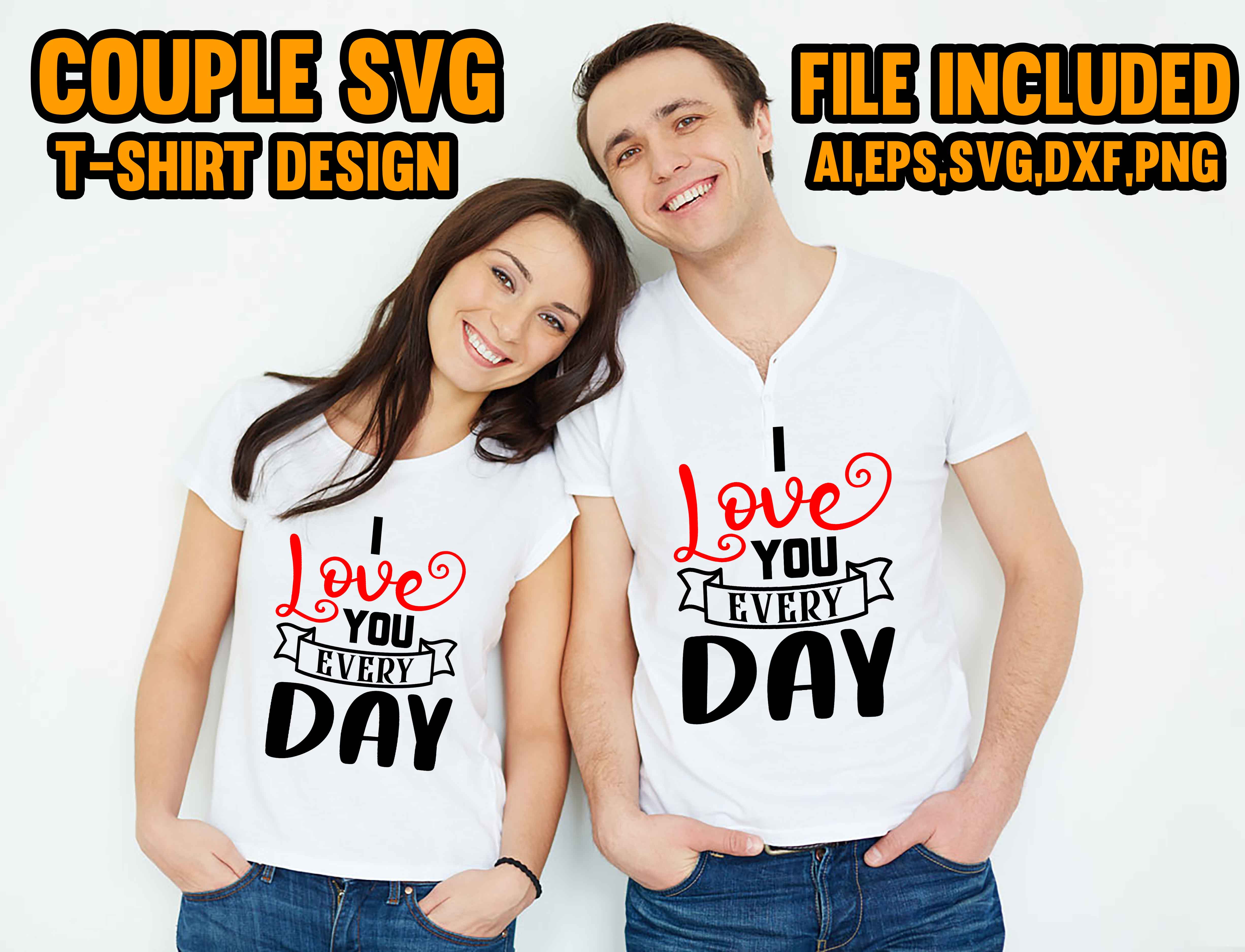 Man and a woman wearing matching t - shirts.