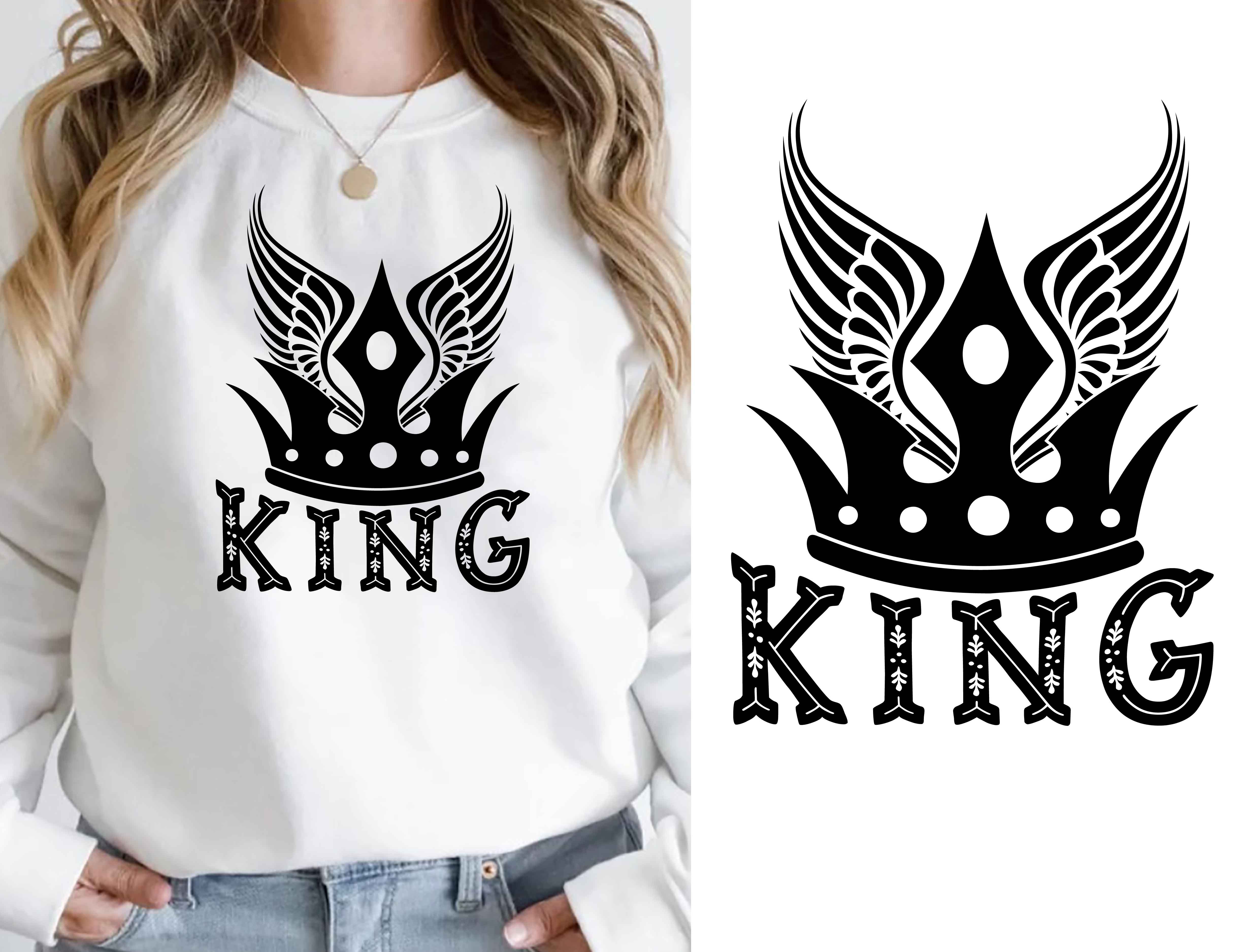 Woman wearing a sweatshirt with a crown on it.