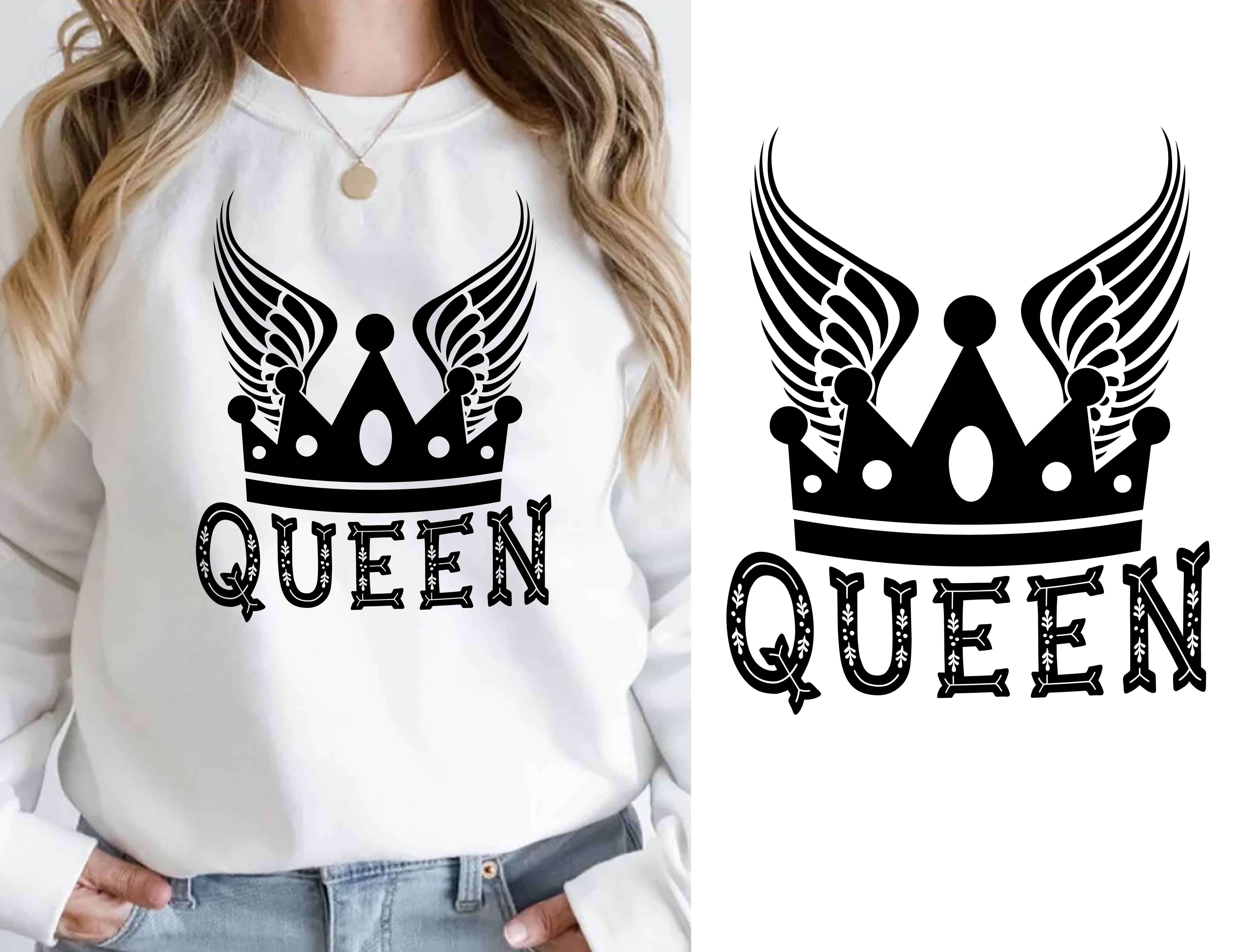 Woman wearing a sweatshirt with a crown on it.