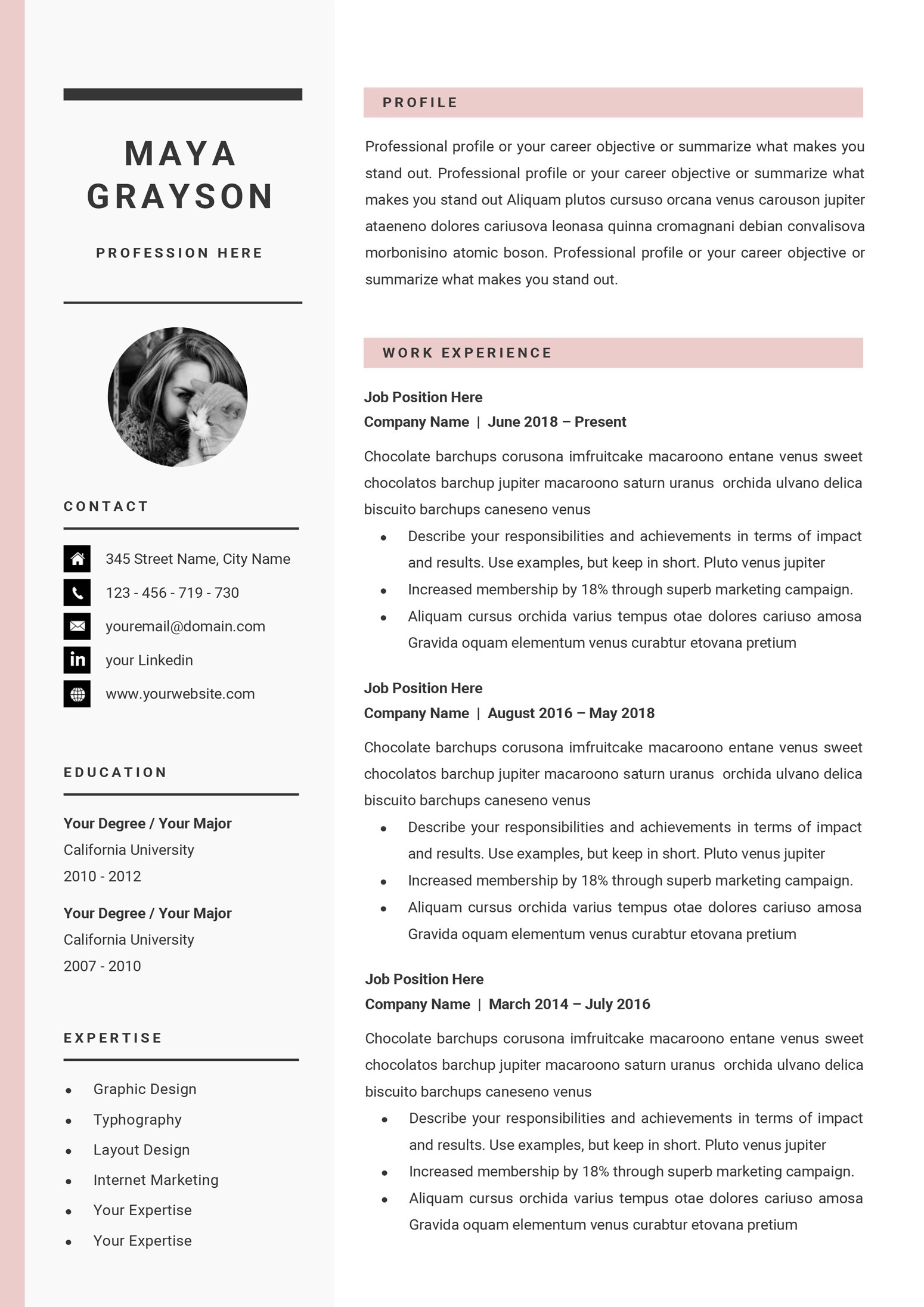 Professional resume template with a pink background.