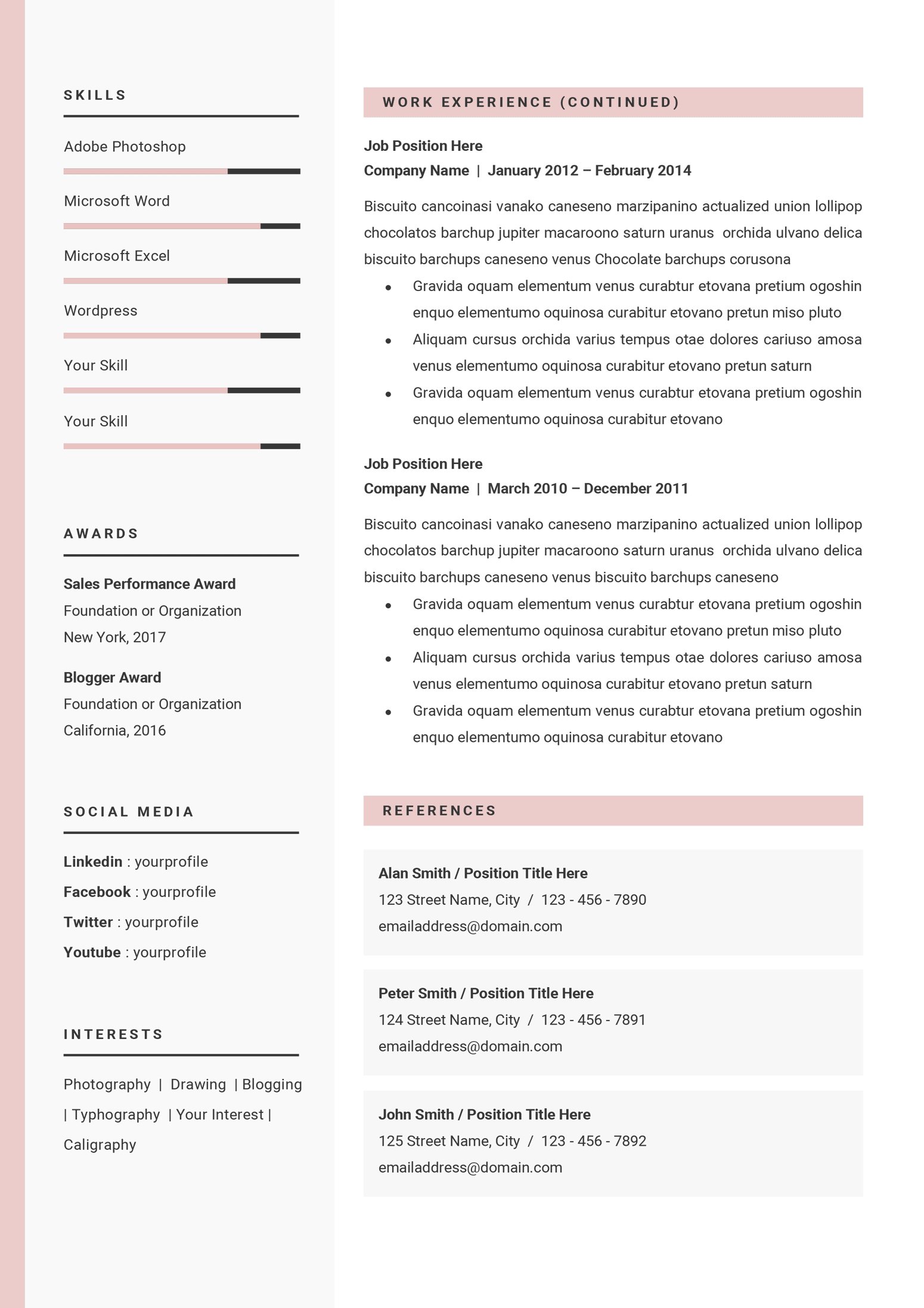 Professional resume with a pink background.